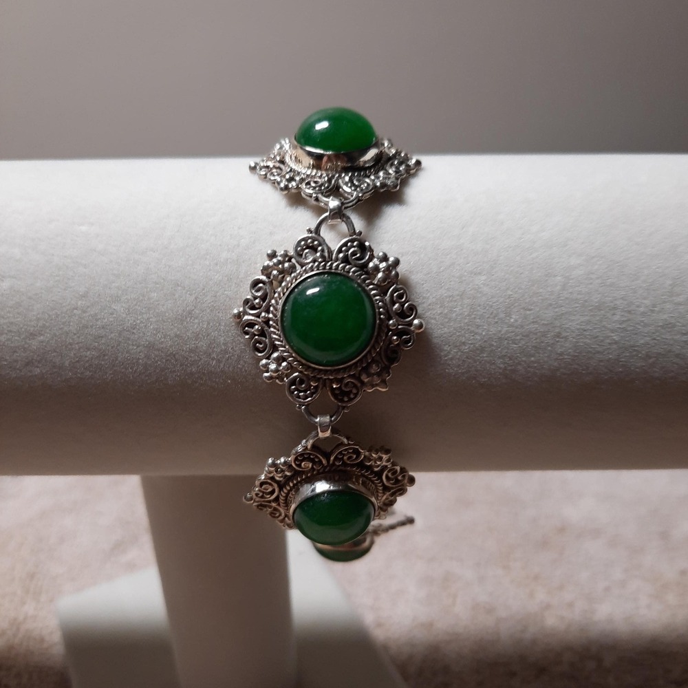Green jade station bracelet in sterling silver artisan crafted 38 grams
